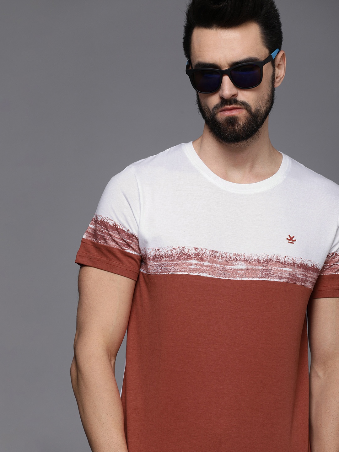 

WROGN Men White & Brown Colourblocked Pure Cotton T-shirt