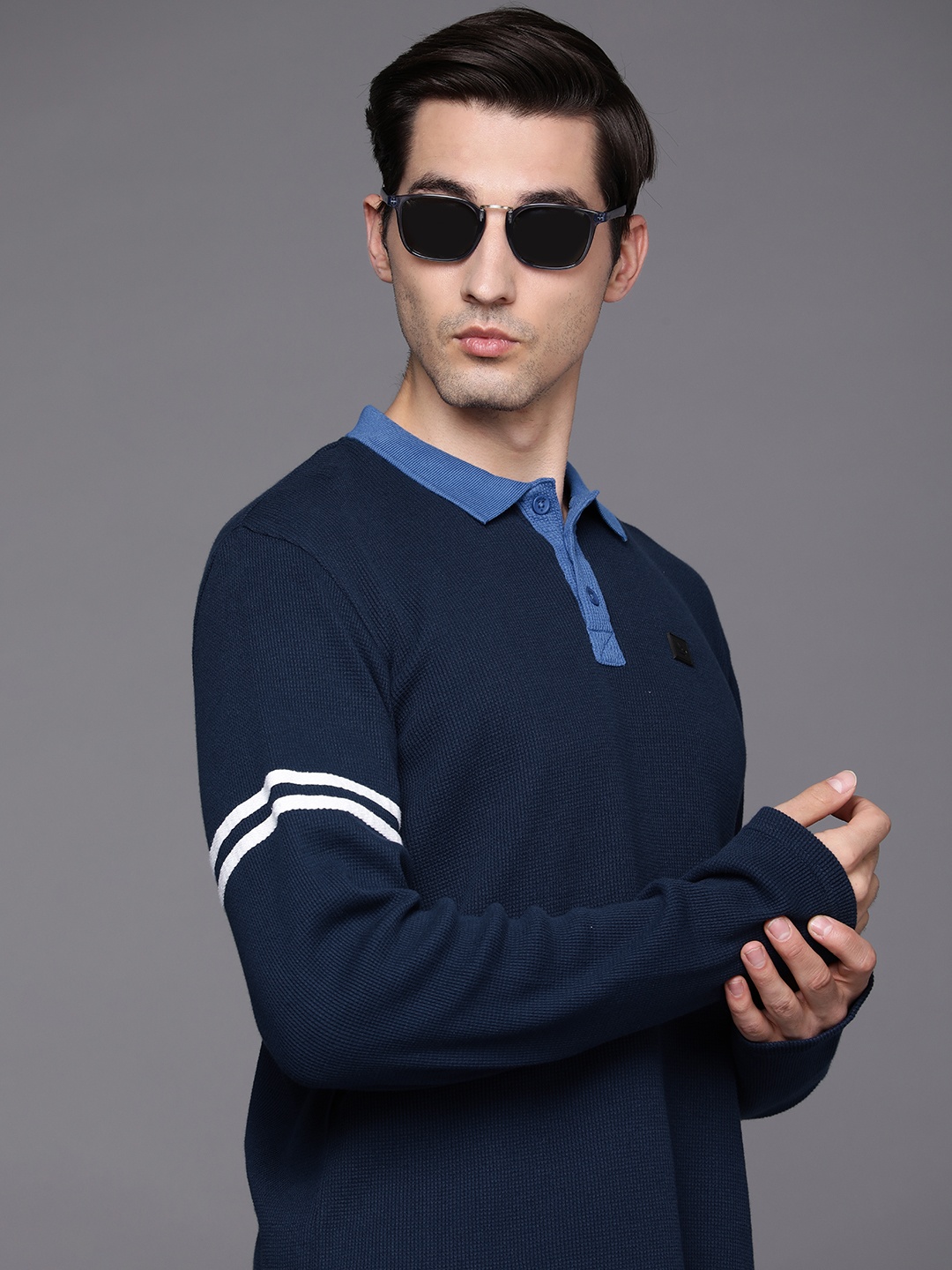 

WROGN Men Navy Blue Self-Design Polo Collar Pure Cotton Slim Fit T-shirt