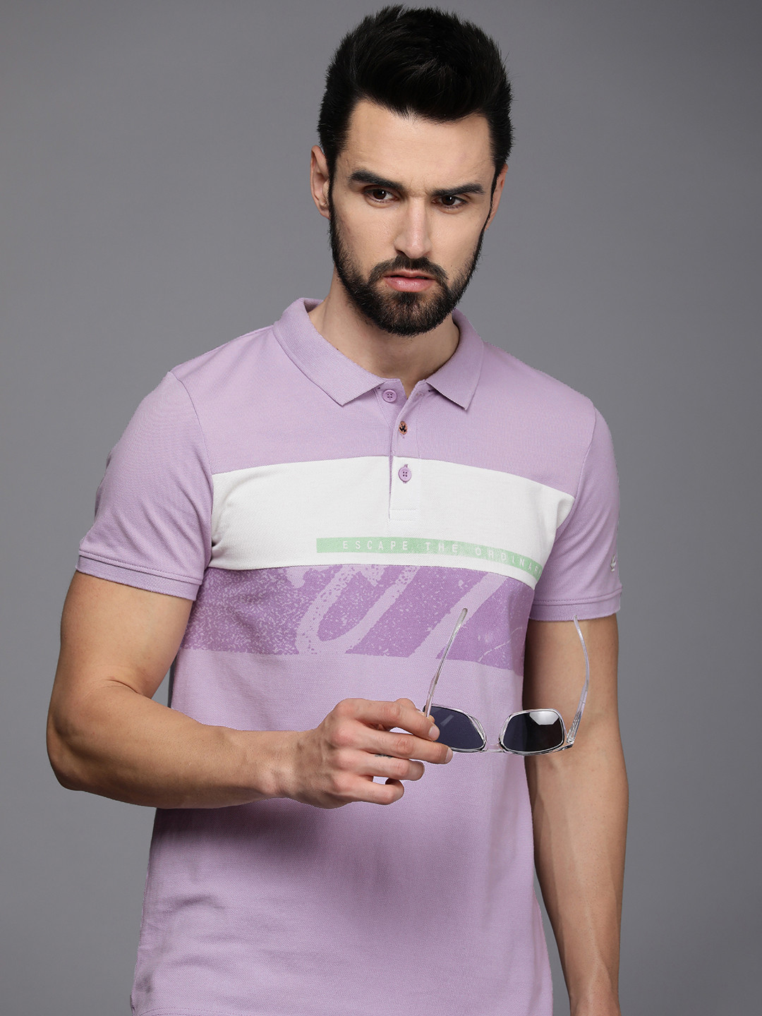 

WROGN Men Lavender & White Colourblocked Polo Collar Pure Cotton Slim Fit T-shirt