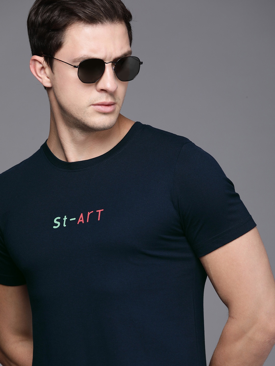 

WROGN Men Navy Blue Typography Printed Slim Fit T-shirt