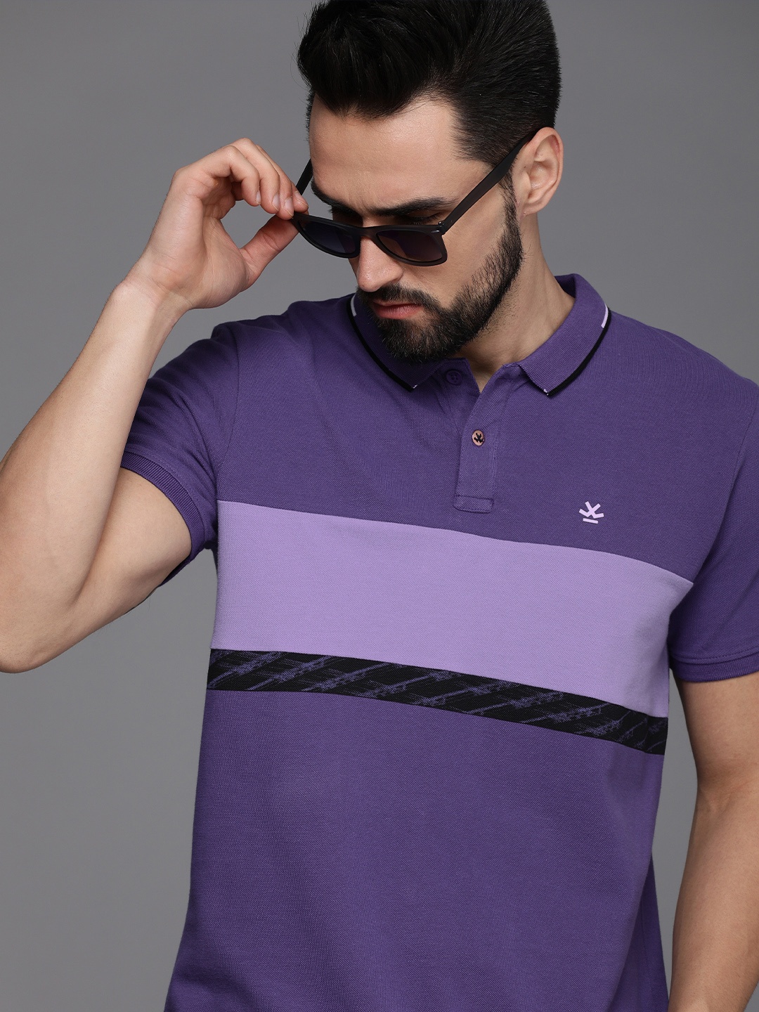 

WROGN Men Purple & Black Colourblocked Polo Collar Pure Cotton Slim Fit T-shirt