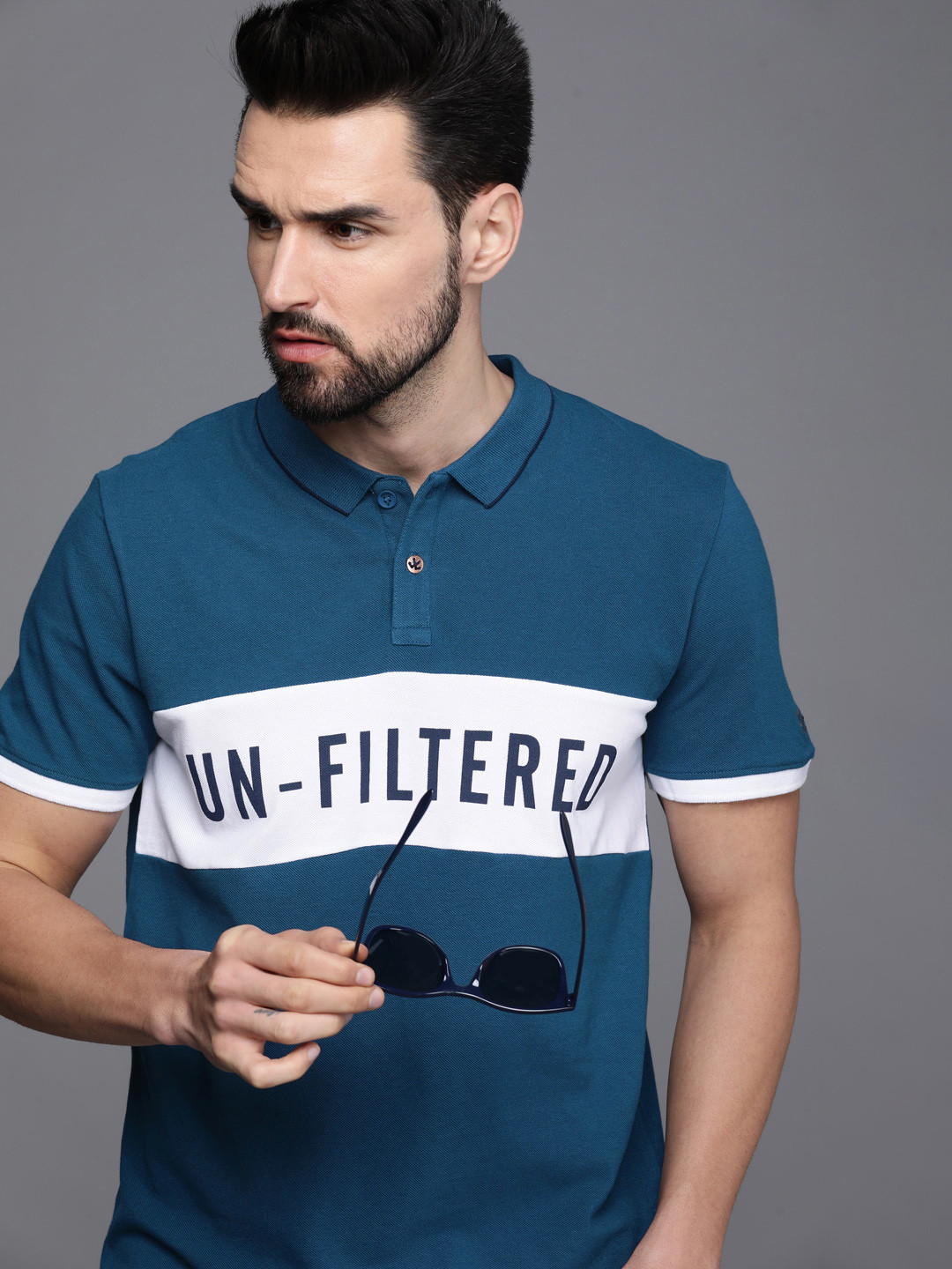 

WROGN Men Teal Blue Typography Printed Polo Collar Pure Cotton Slim Fit T-shirt