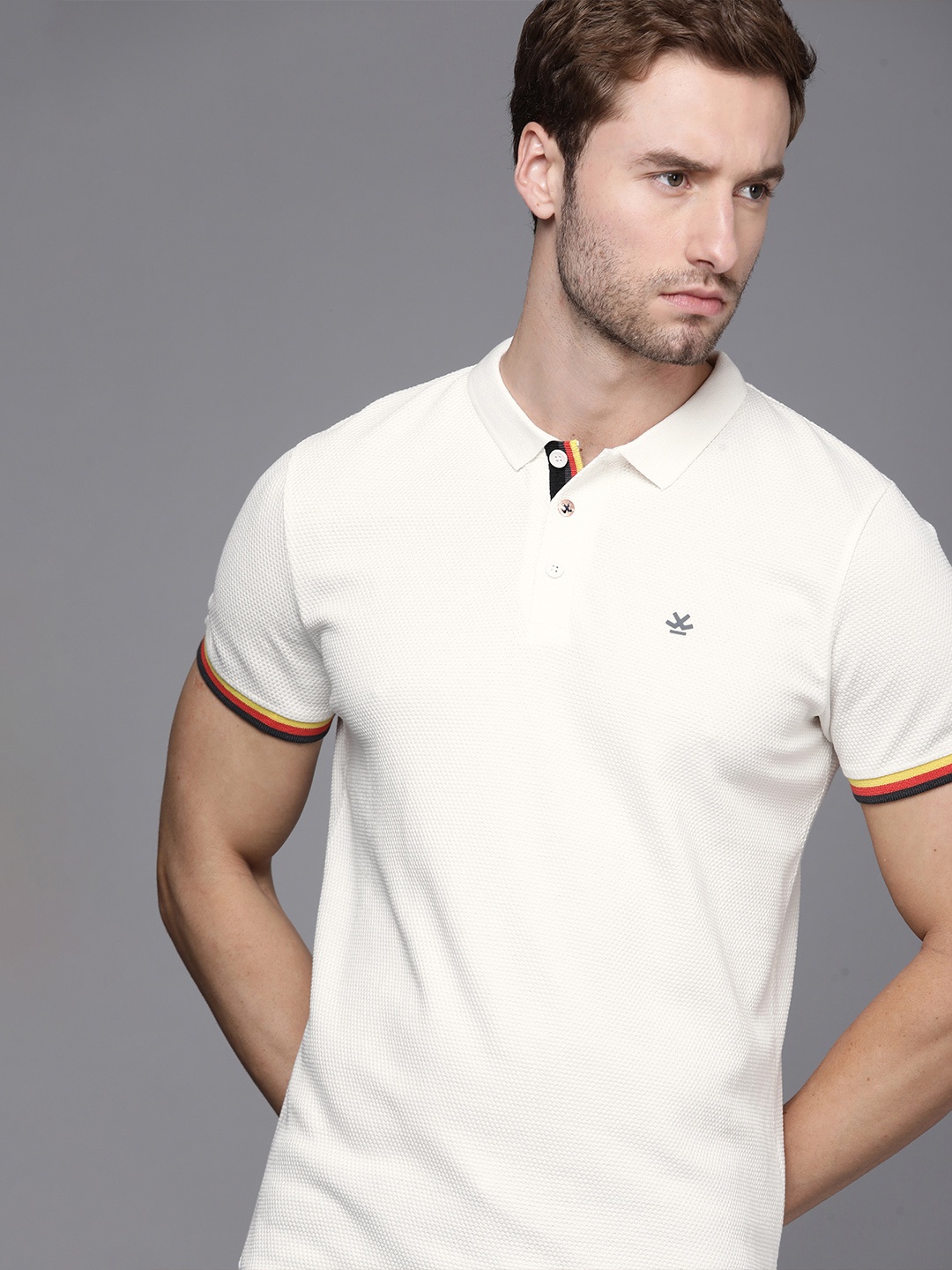 

WROGN Men White Self Design Polo Collar Pure Cotton Slim Fit T-shirt