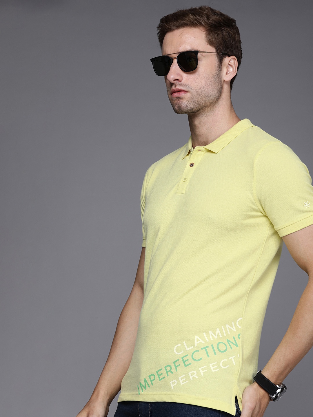 

WROGN Men Yellow Typography Printed Polo Collar Slim Fit T-shirt