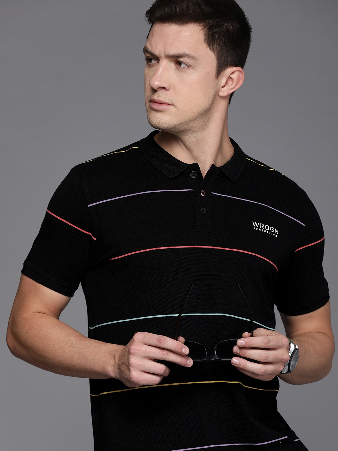 

WROGN Men Black & Yellow Striped Polo Collar Pure Cotton T-shirt