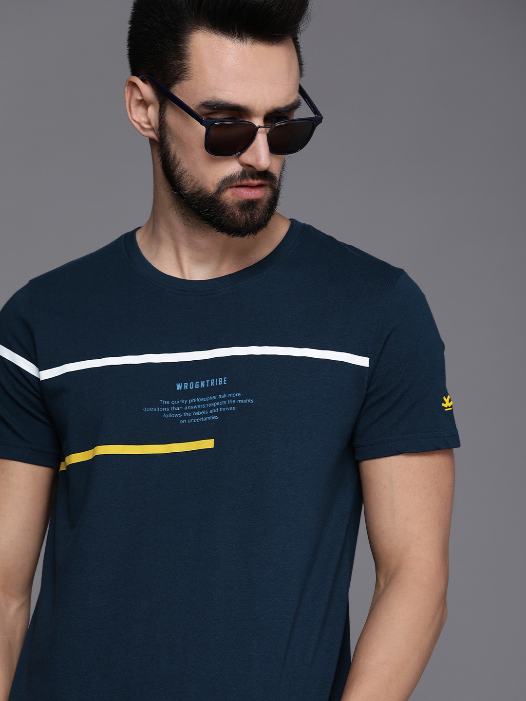 

WROGN Men Navy Blue Conversational Printed Slim Fit Pure Cotton Casual T-shirt