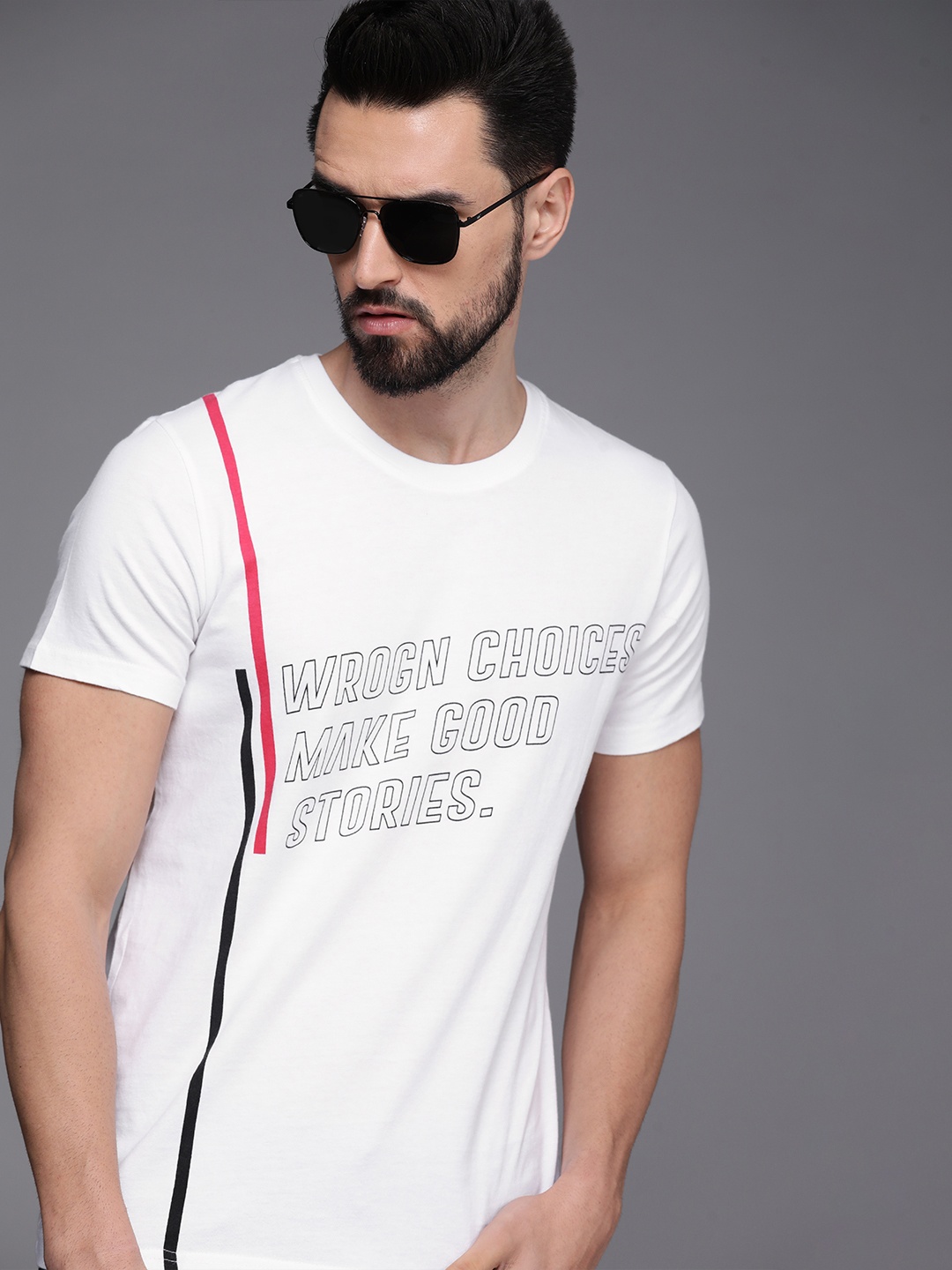 

WROGN Men White & Black Printed Pure Cotton Slim Fit T-shirt