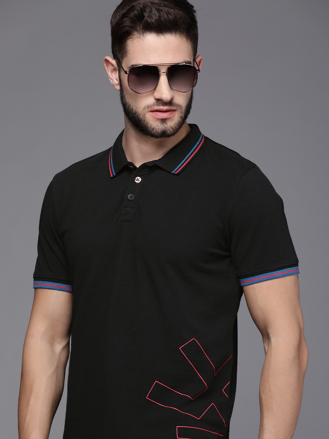 

WROGN Men Black Slim Fit Pure Cotton Polo Collar T-shirt