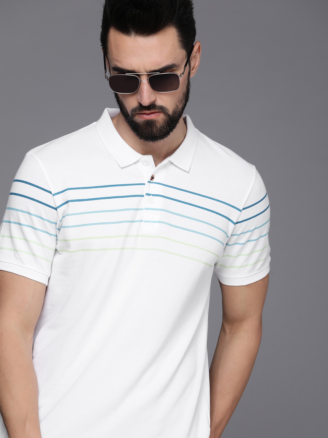 

WROGN Men White & Blue Striped Slim Fit Pure Cotton Polo Collar T-shirt