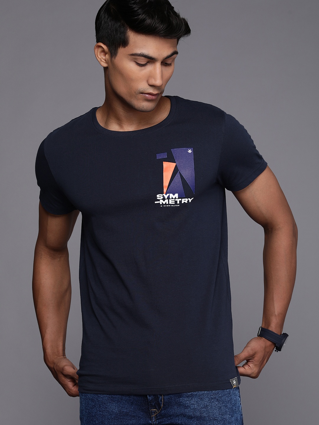 

WROGN Men Navy Blue Typography Printed Slim Fit Pure Cotton T-shirt