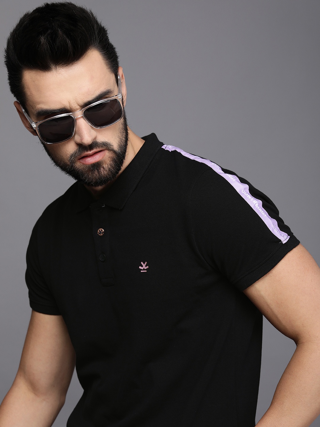 

WROGN Men Black & Purple Colourblocked Polo Collar Slim Fit Pure Cotton Casual T-shirt