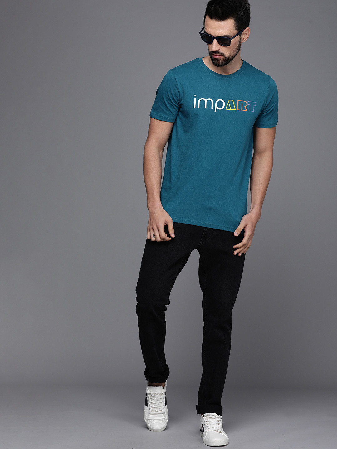 

WROGN Men Teal Blue Typography Printed Pure Cotton Slim Fit T-shirt