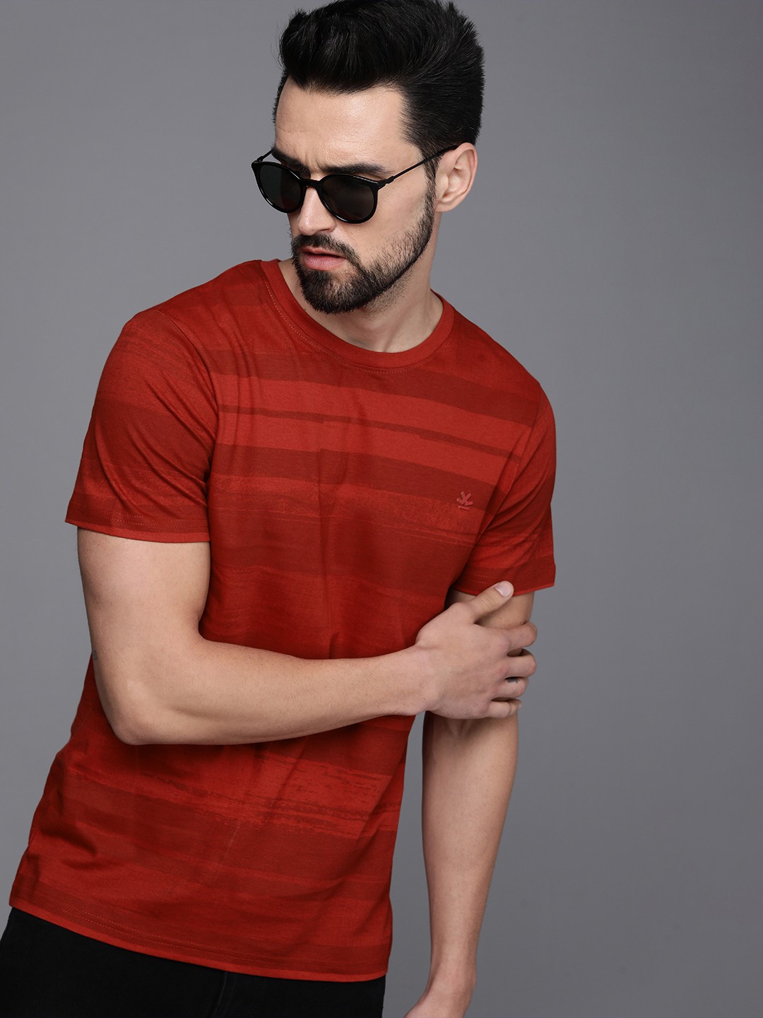 

WROGN Men Rust Red Striped Pure Cotton Slim Fit T-shirt