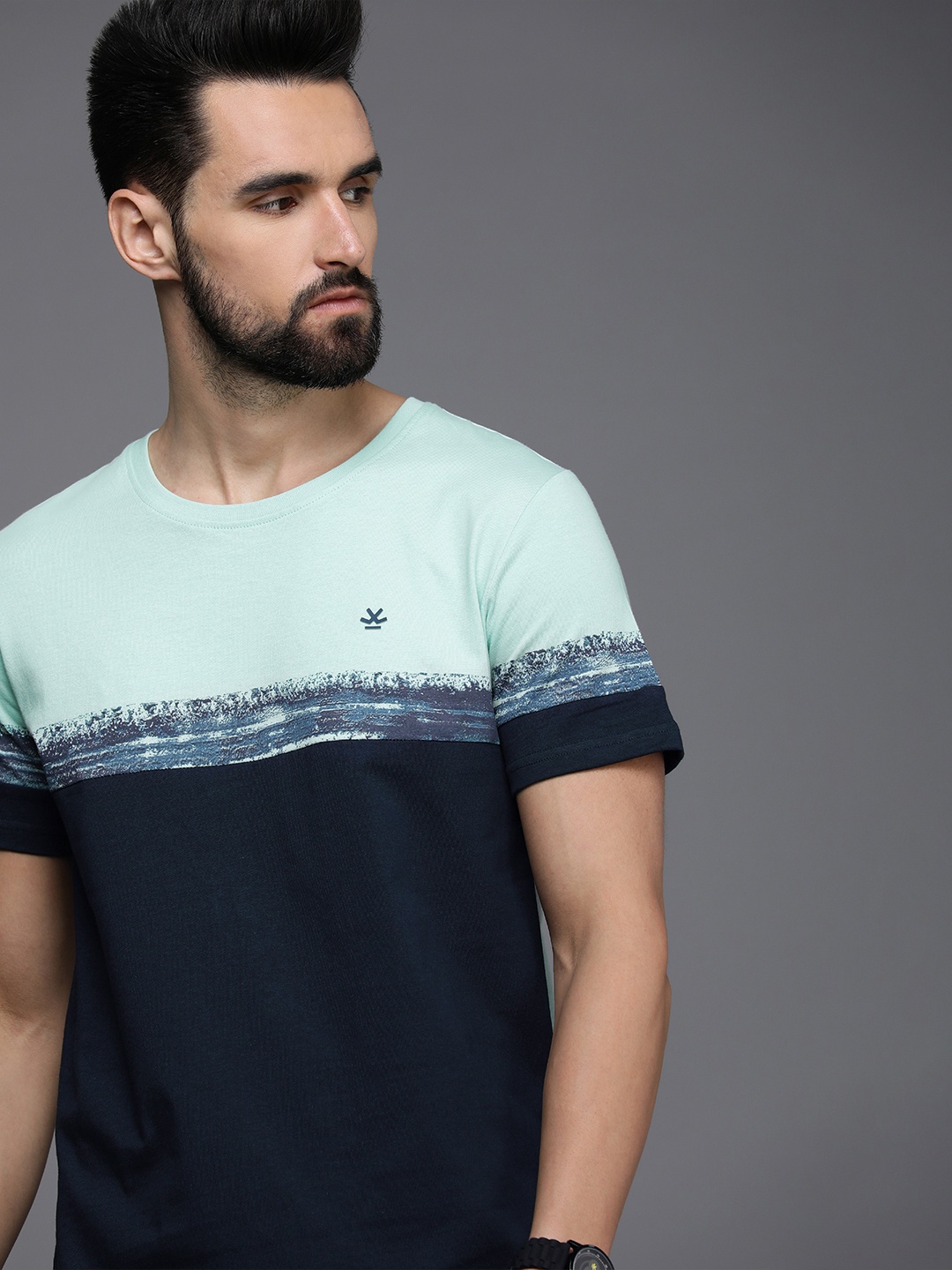 

WROGN Men Navy Blue & Green Colourblocked Pure Cotton Slim Fit T-shirt