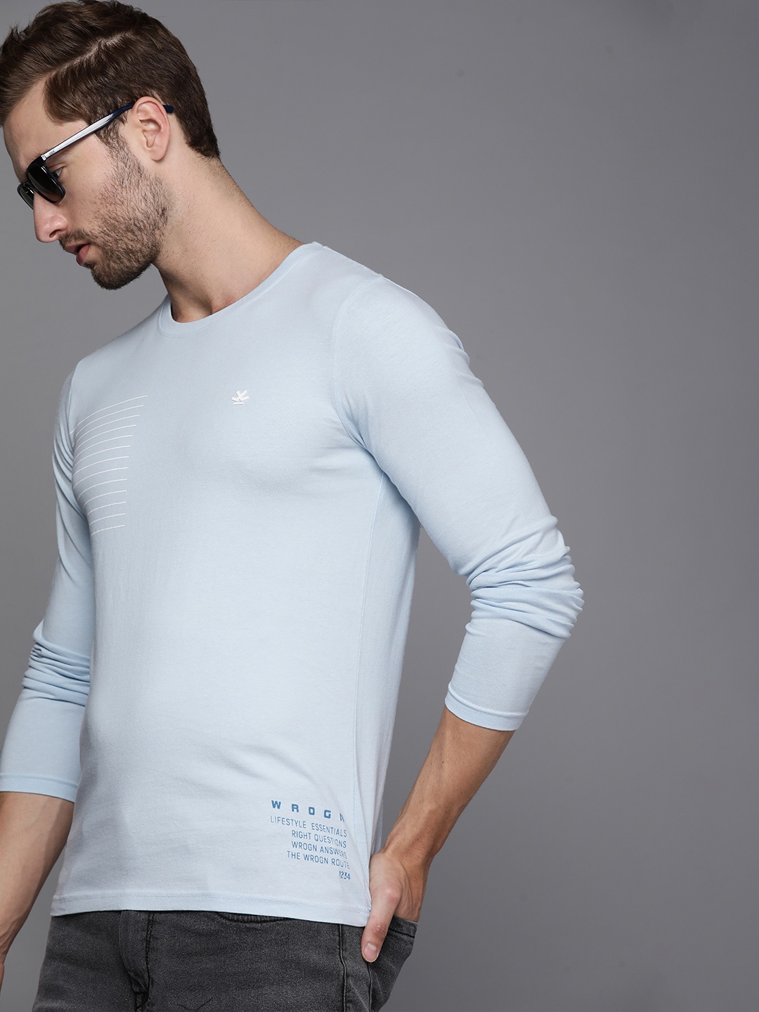 

WROGN Men Light Blue Printed Pure Cotton Slim Fit T-shirt