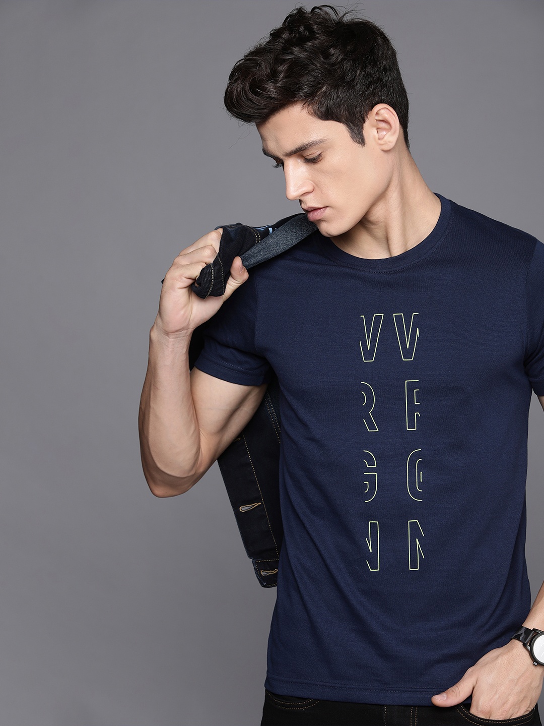 

WROGN Men Navy Blue Brand Logo Printed Slim Fit T-shirt