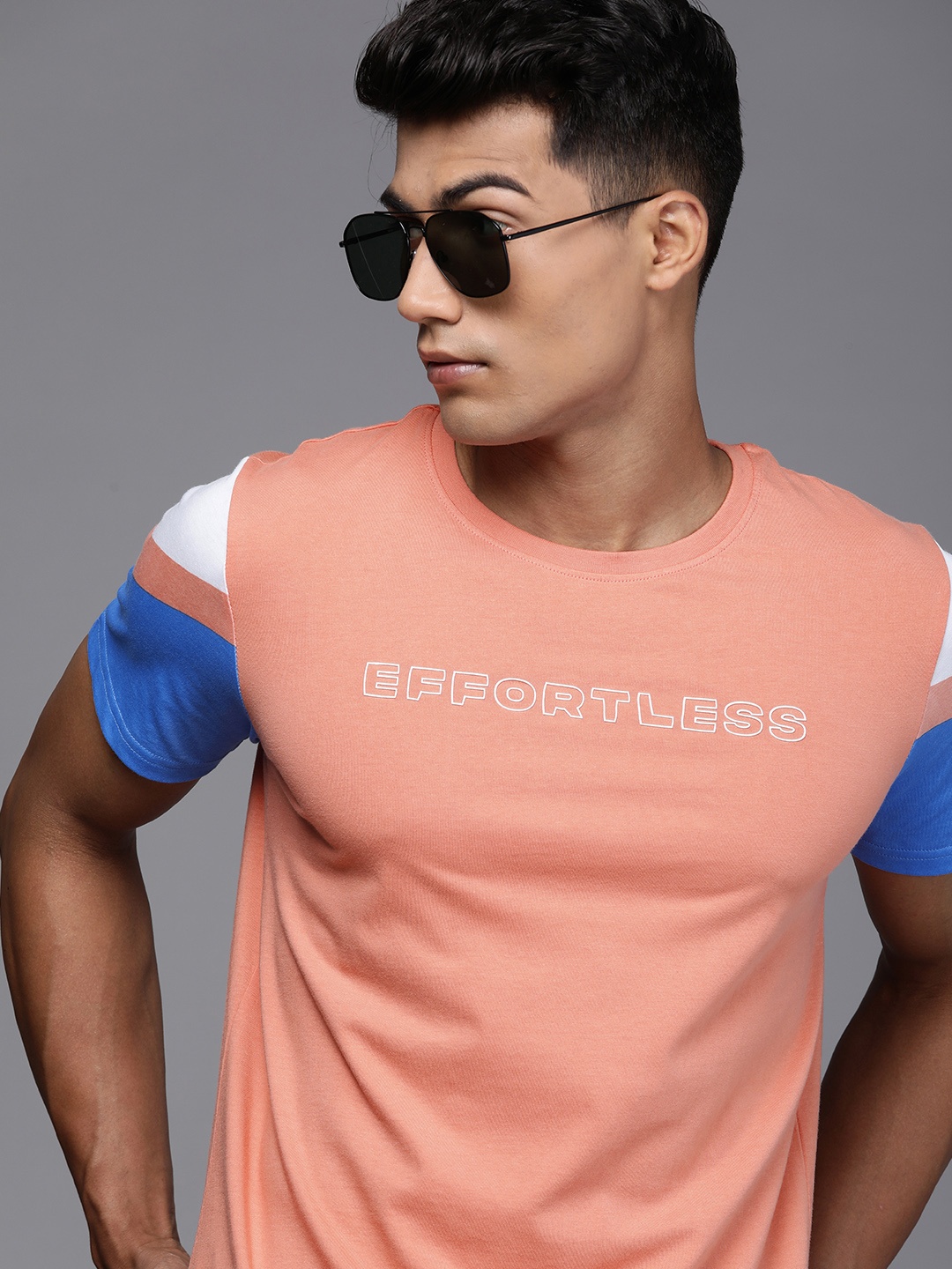 

WROGN Men Peach-Coloured Typography Printed Slim Fit Pure Cotton T-shirt