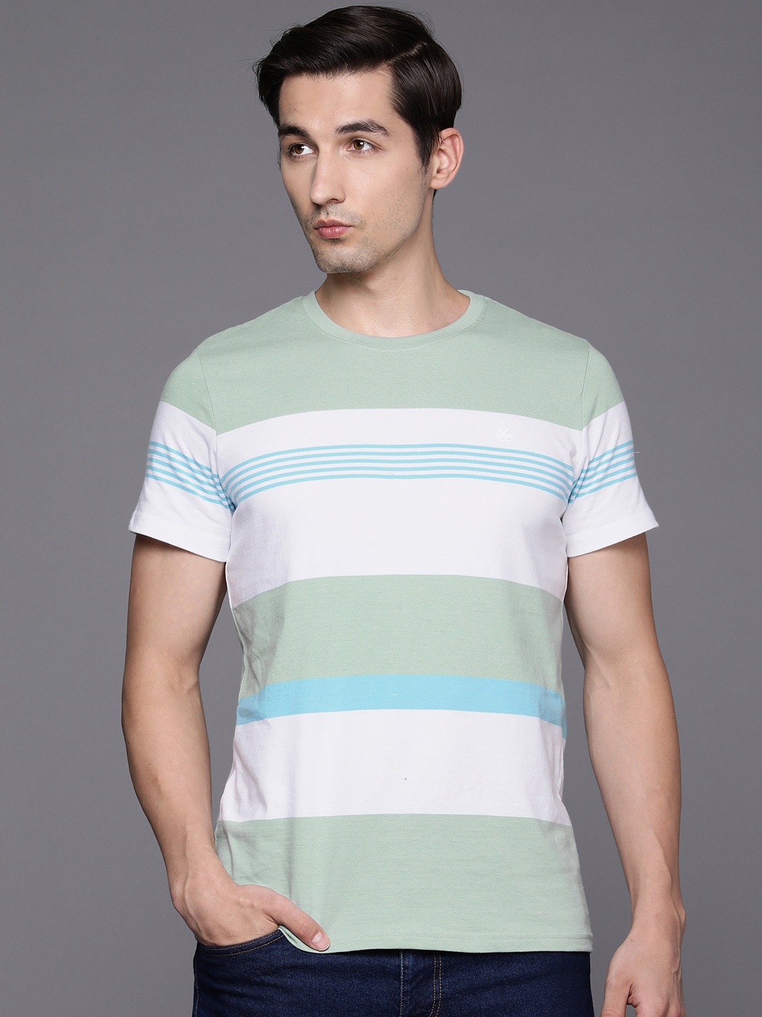 

WROGN Men Green & White Striped Pure Cotton Slim Fit T-shirt