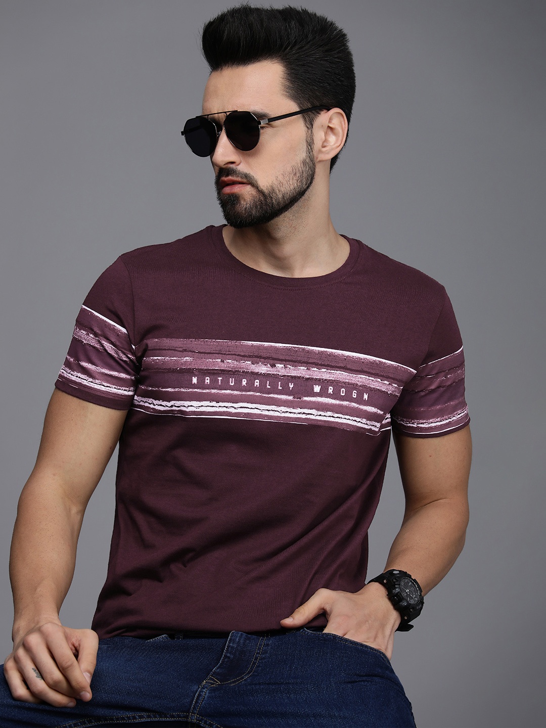 

WROGN Men Maroon & White Printed Pure Cotton Slim Fit T-shirt