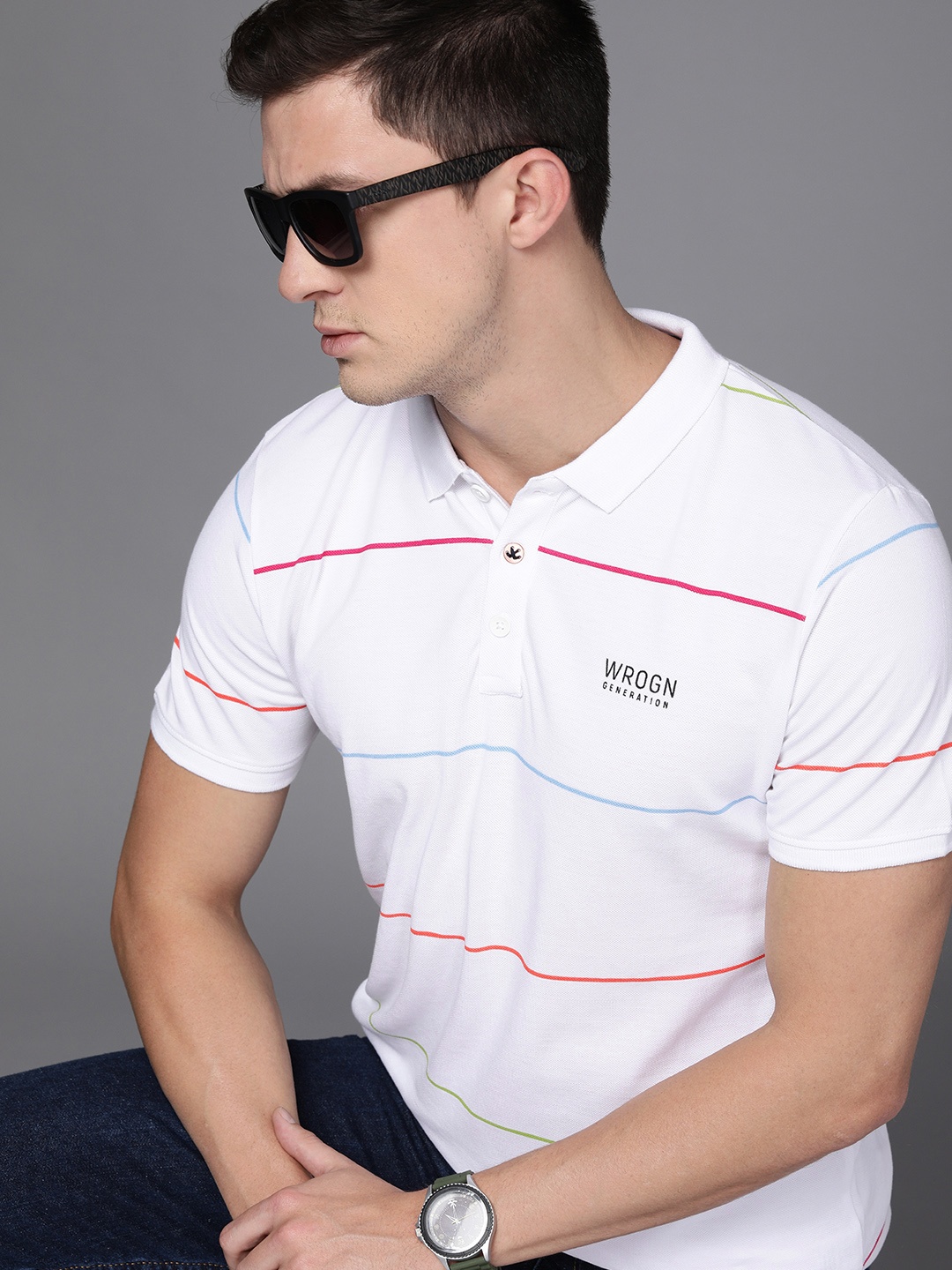 

WROGN Men White & Red Striped Pure Cotton Polo Collar T-shirt