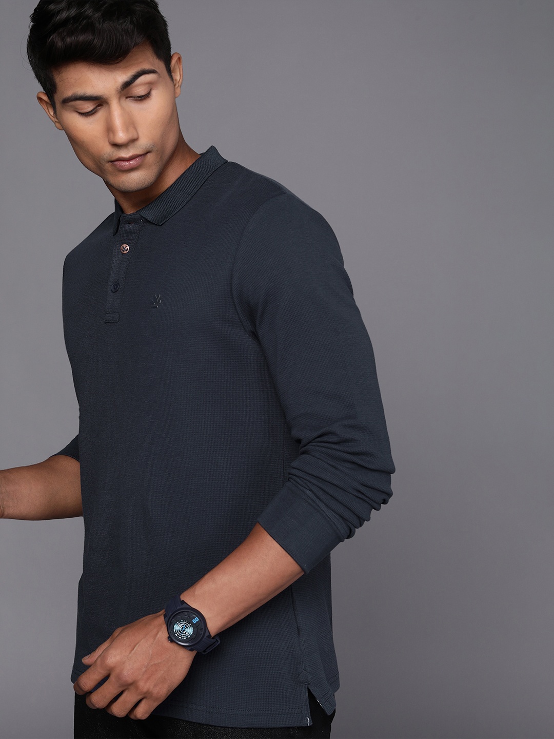 

WROGN Men Navy Blue Polo Collar Slim Fit Pure Cotton T-shirt