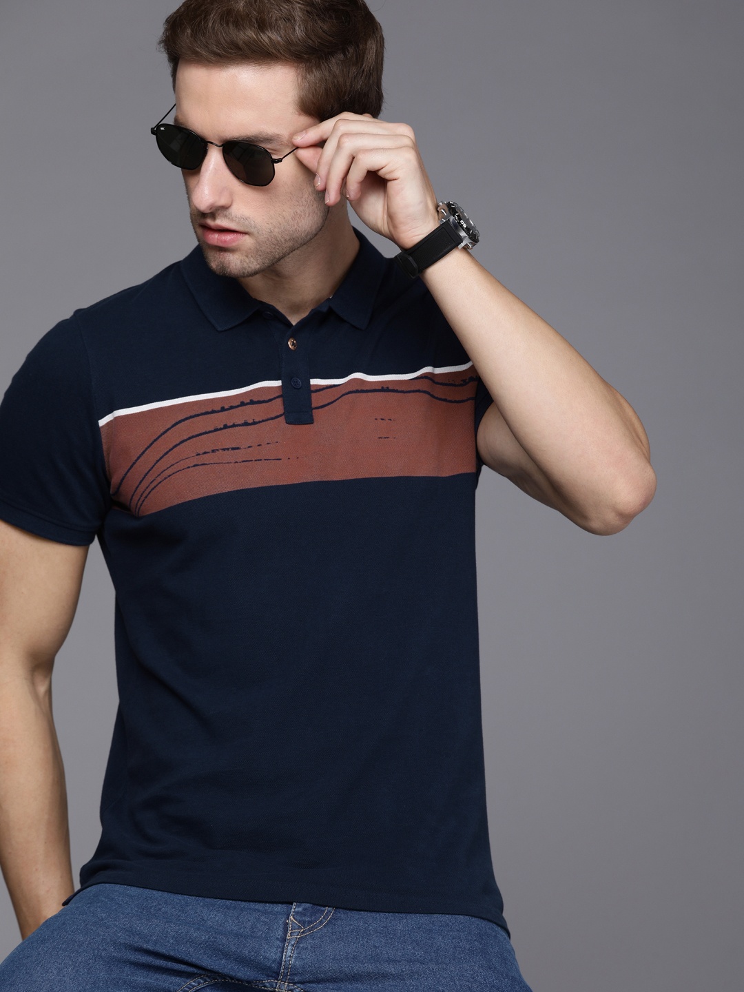

WROGN Men Navy Blue & Red Colourblocked Pure Cotton Polo Collar Slim Fit T-shirt