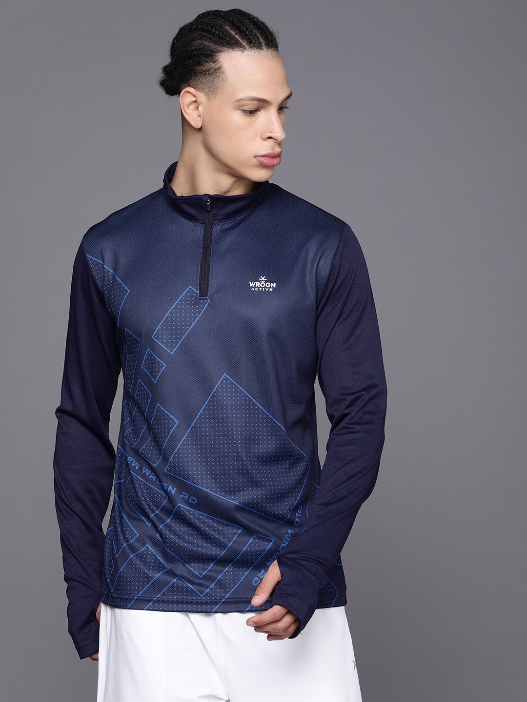 

WROGN ACTIVE Printed Dry Pro High Neck Slim Fit Sports T-shirt, Navy blue