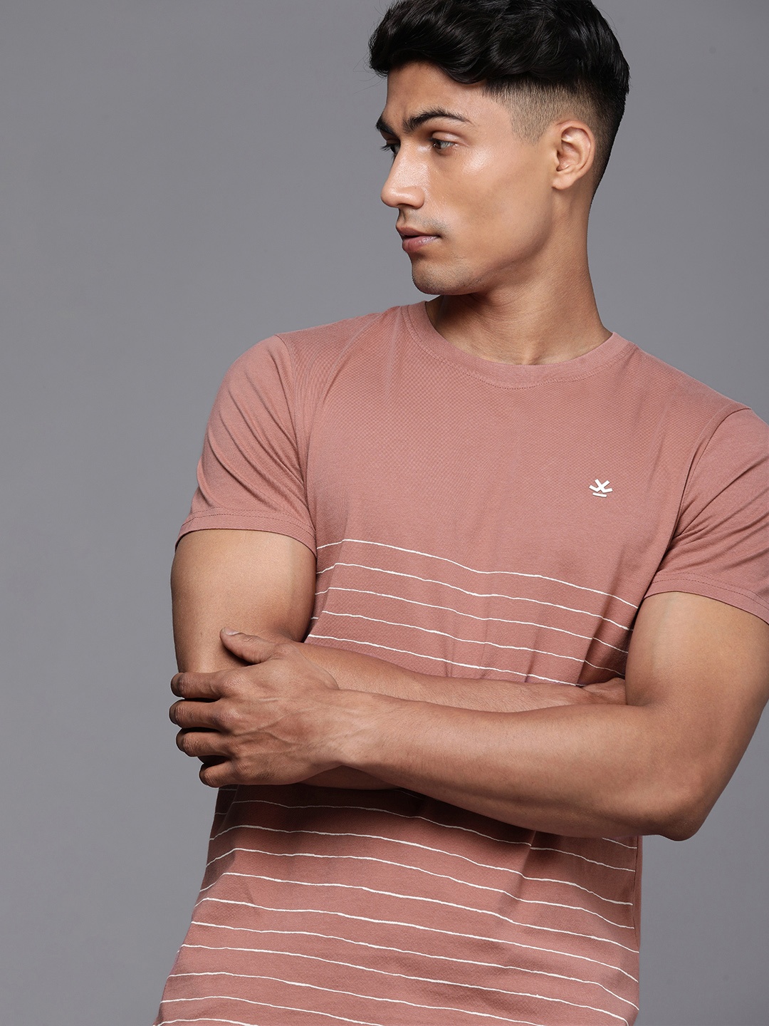 

WROGN Men Mauve & White Striped Slim Fit T-shirt