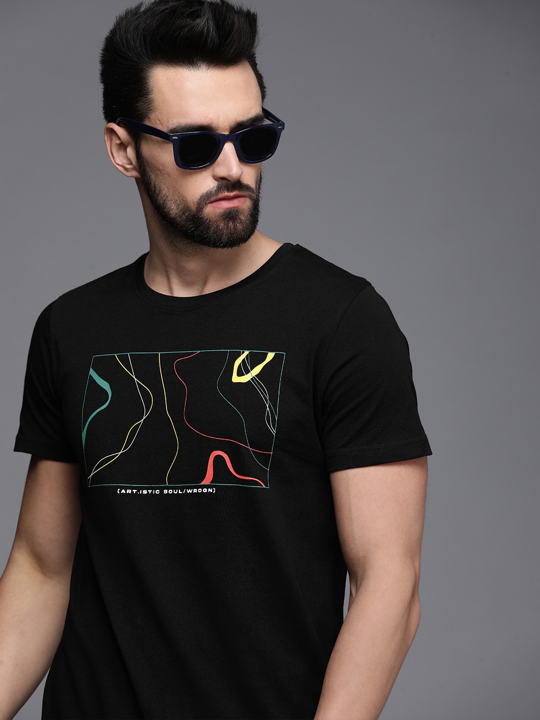 

WROGN Men Black Printed Pure Cotton Slim Fit T-shirt