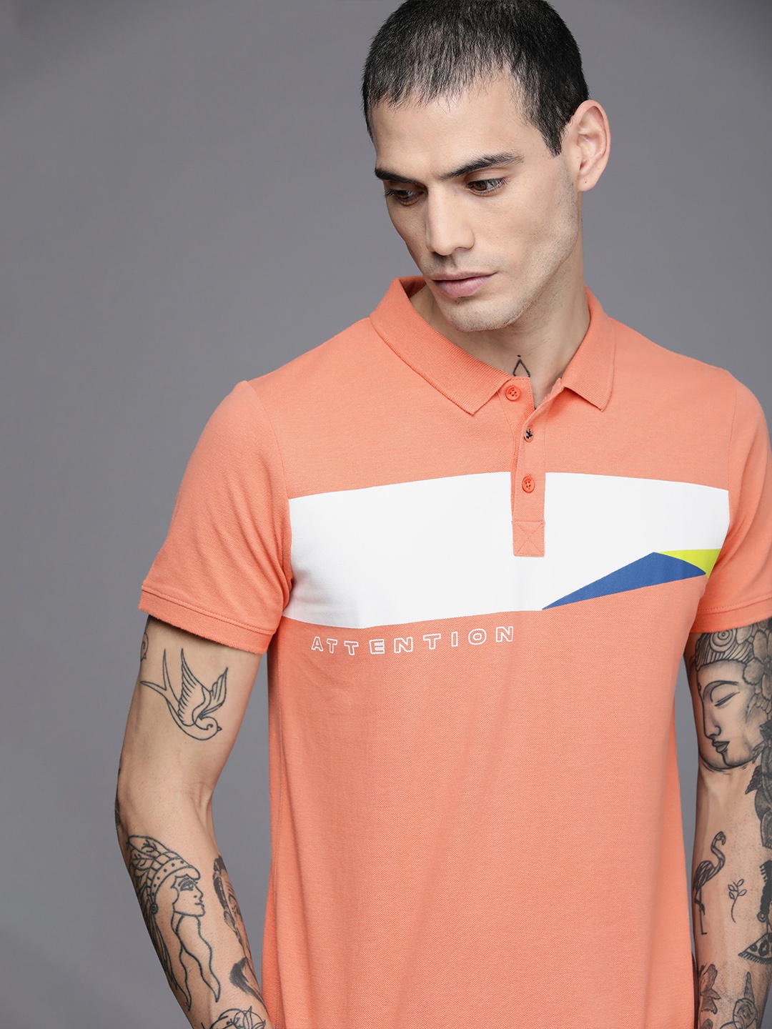 

WROGN Men Peach-Coloured & White Colourblocked Polo Collar Pure Cotton Slim Fit T-shirt