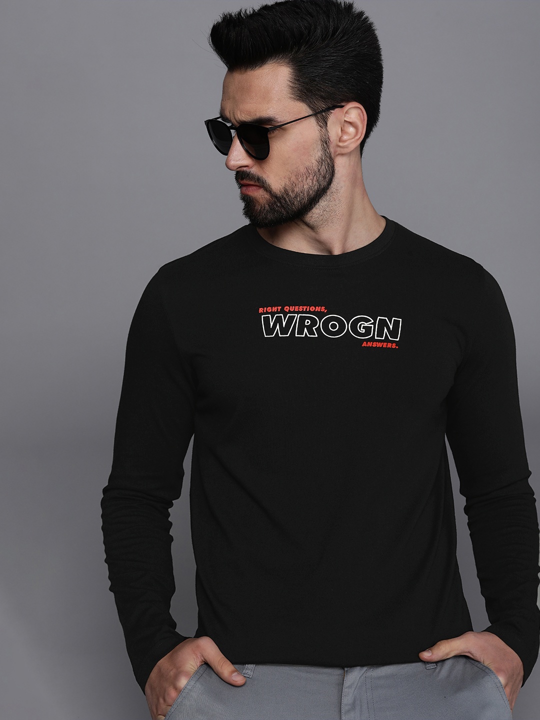 

WROGN Men Black Typography Printed Slim Fit Pure Cotton T-shirt