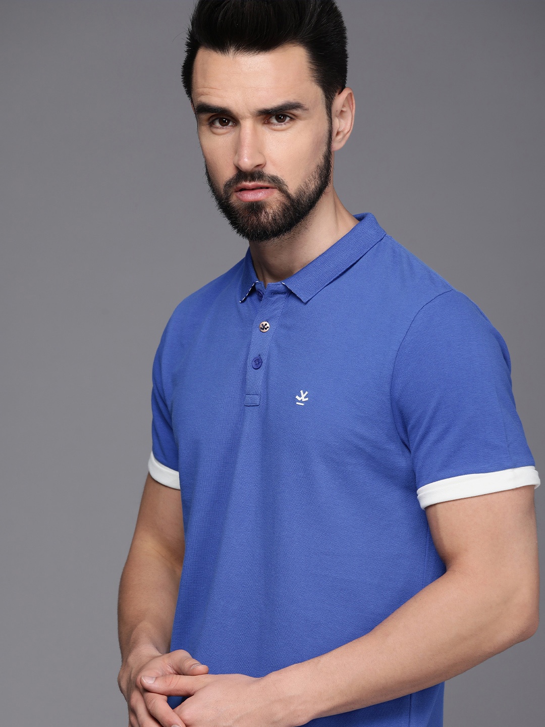 

WROGN Men Blue Polo Collar Pure Cotton Slim Fit T-shirt