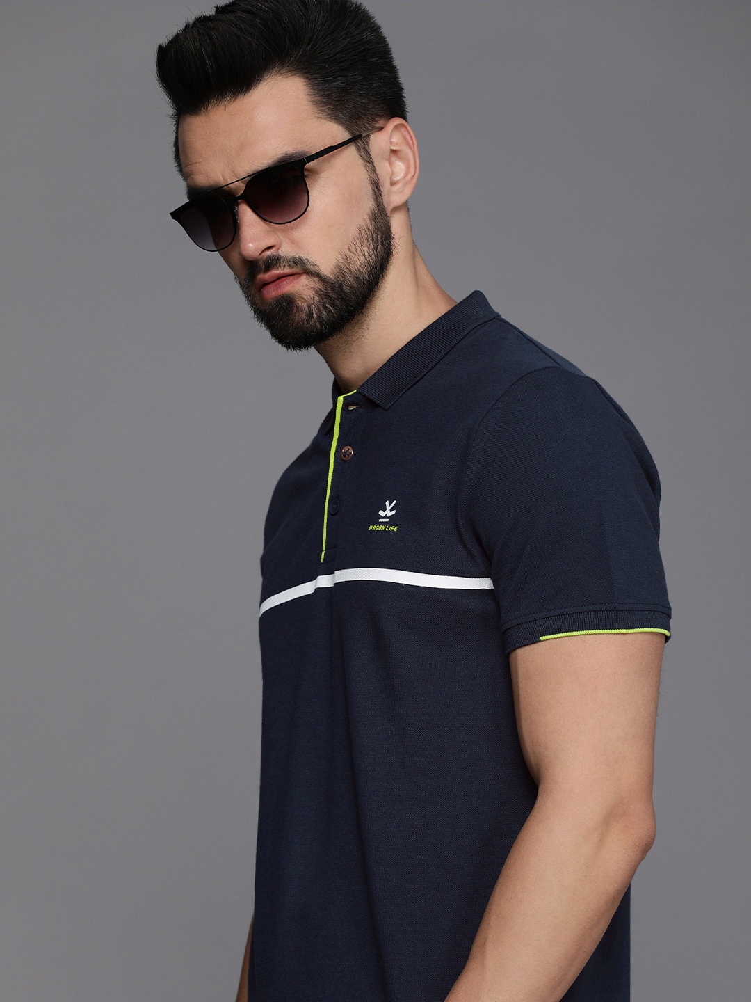 

WROGN Men Navy Blue & White Striped Polo Collar Pure Cotton Slim Fit T-shirt