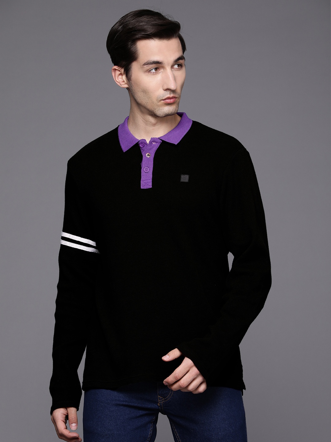 

WROGN Men Black Self-Design Polo Collar Pure Cotton Slim Fit T-shirt