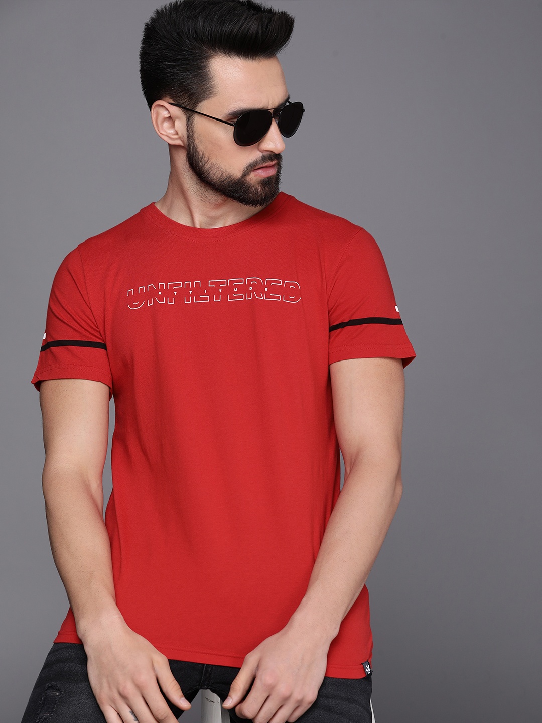 

WROGN Men Red & White Printed Pure Cotton Slim Fit T-shirt