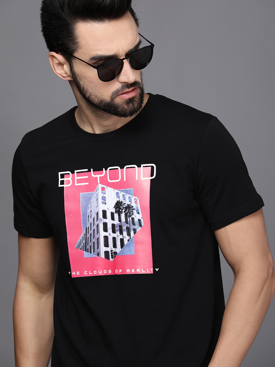 

WROGN Men Black Printed Slim Fit Pure Cotton T-shirt