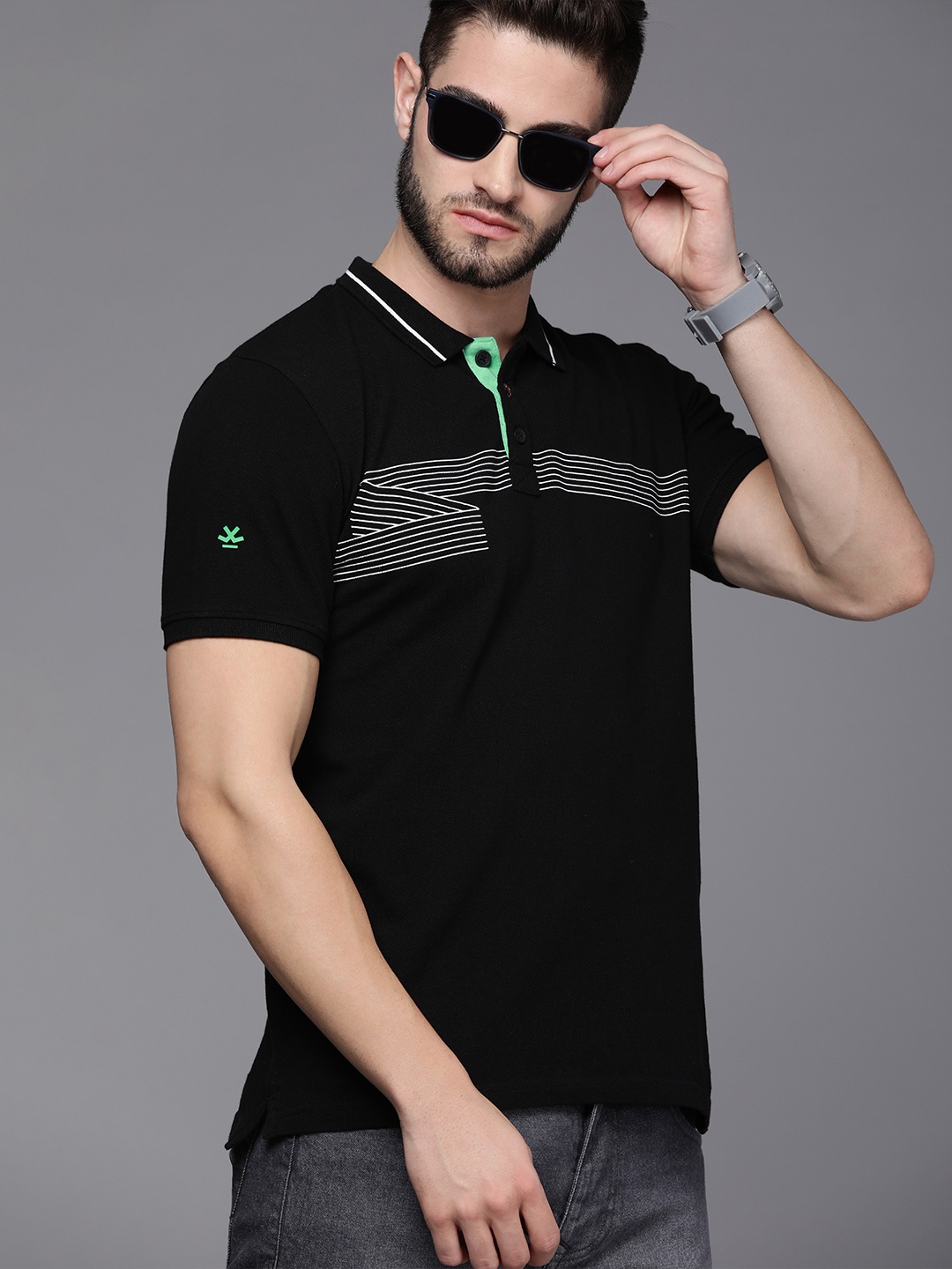 

WROGN Men Black & White Striped Slim Fit Pure Cotton Polo Collar T-shirt