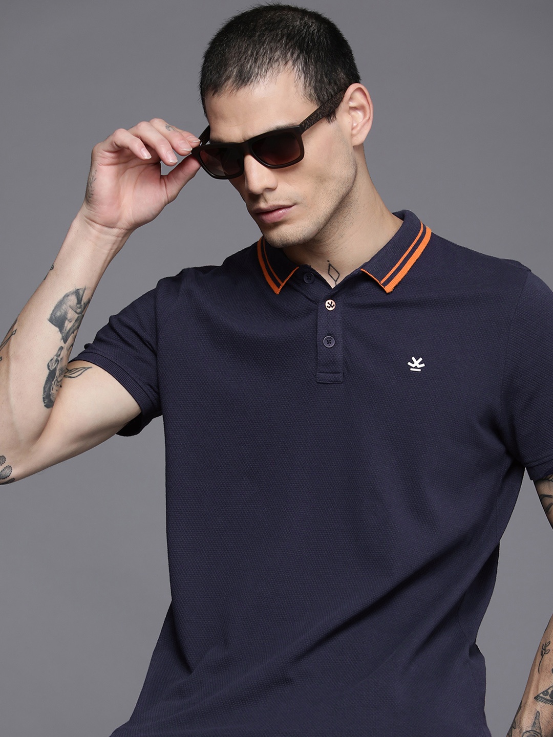 

WROGN Men Navy Blue Polo Collar Pure Cotton Slim Fit T-shirt