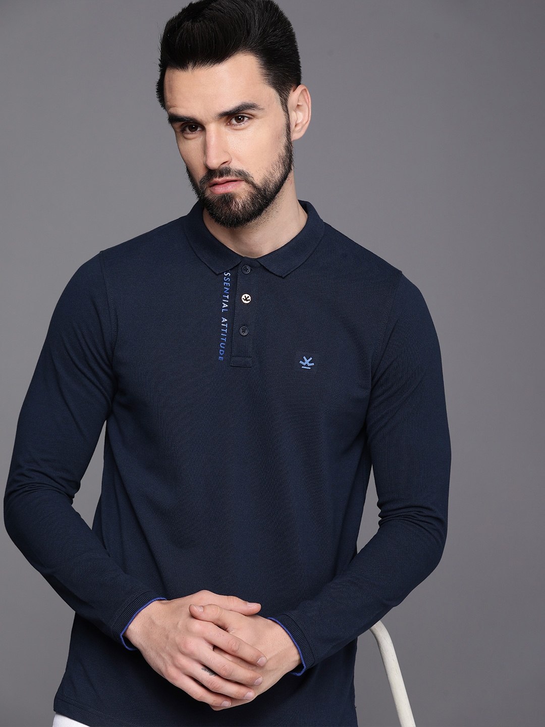 

WROGN Men Navy Blue Print Detail Polo Collar Slim Fit T-shirt