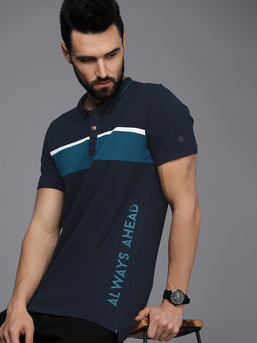 

WROGN Men Navy Blue & White Typography Printed Pure Cotton Polo Collar T-shirt