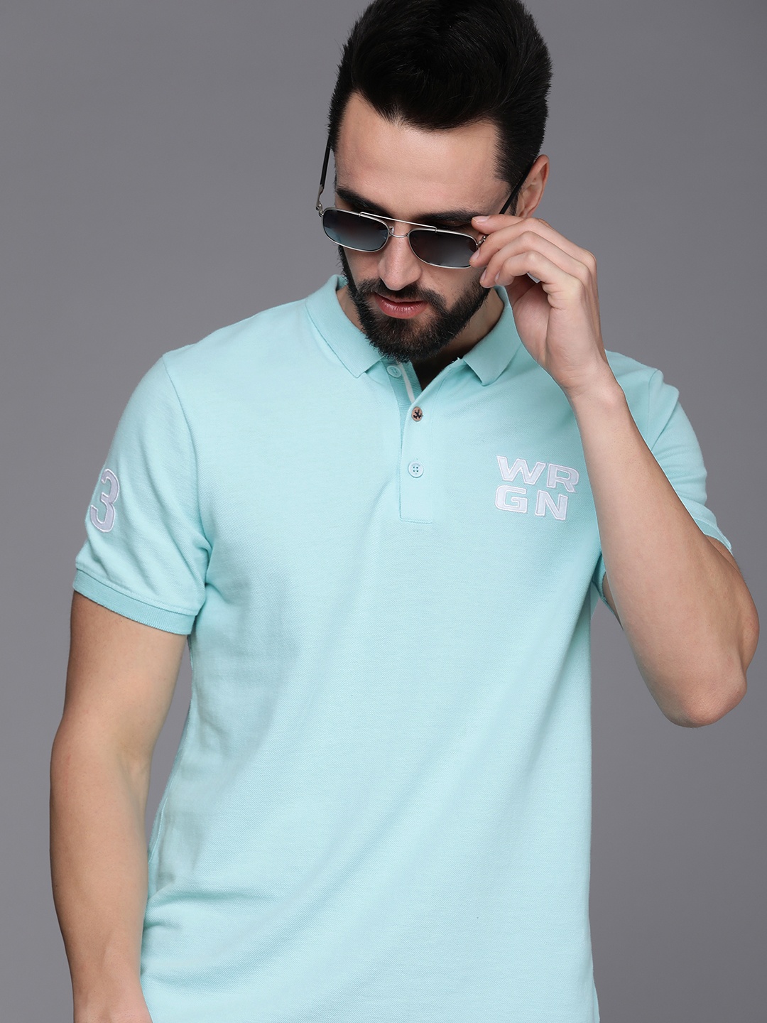 

WROGN Men Blue Solid Slim Fit Pure Cotton Polo Collar T-shirt
