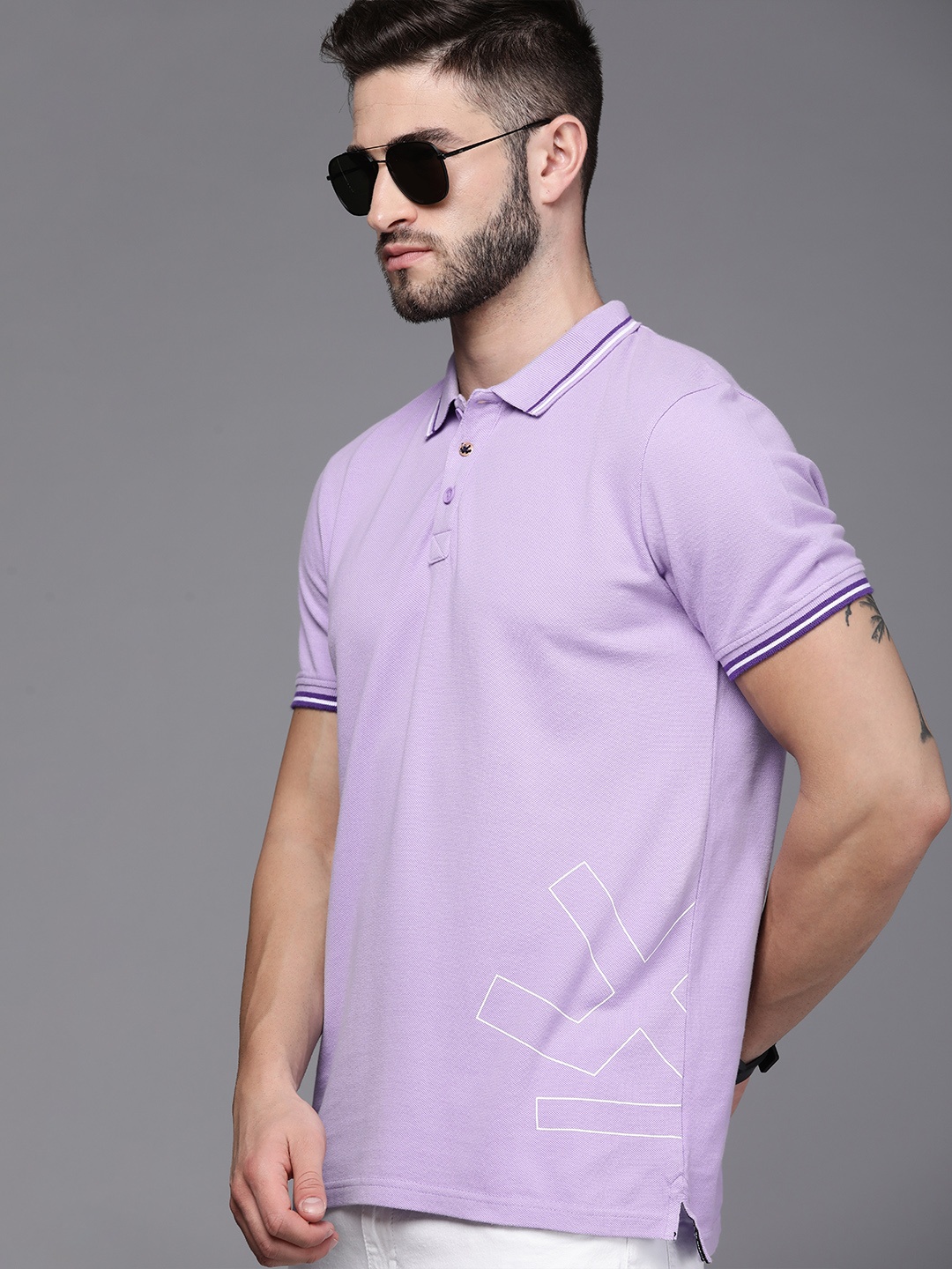 

WROGN Men Lavender & White Brand Logo Printed Slim Fit Pure Cotton Polo Collar T-shirt