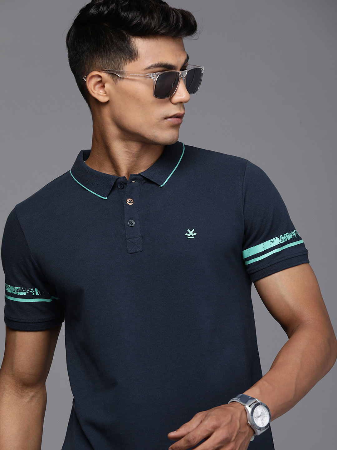 

WROGN Men Navy Blue Polo Collar Pure Cotton Slim Fit T-shirt