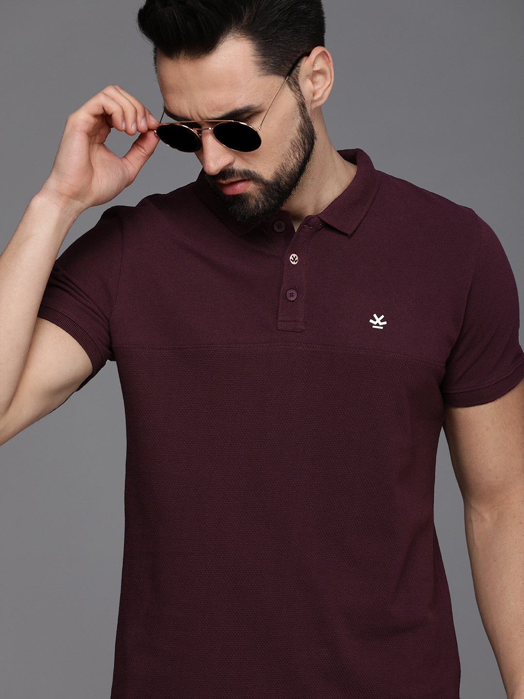 

WROGN Men Burgundy Self Design Polo Collar Pure Cotton Slim Fit T-shirt