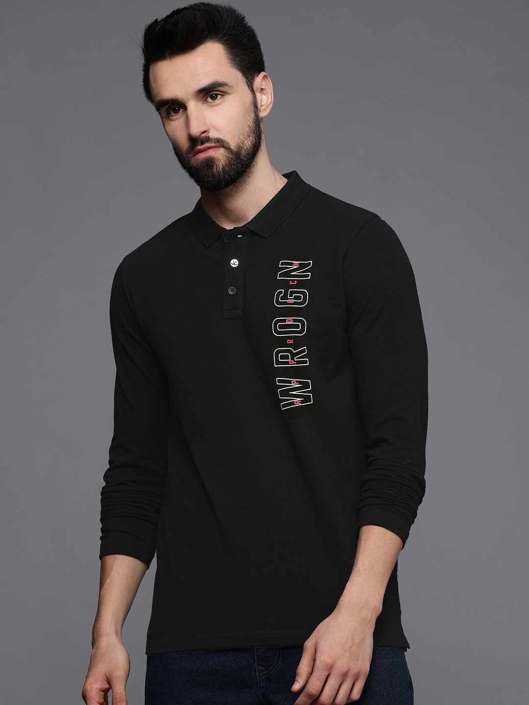 

WROGN Men Black Typography Printed Slim Fit Pure Cotton T-shirt