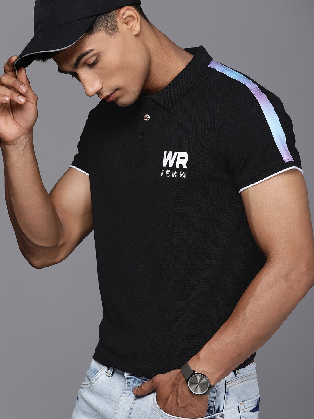 

WROGN Men Black Typography Printed Polo Collar Pure Cotton Slim Fit T-shirt