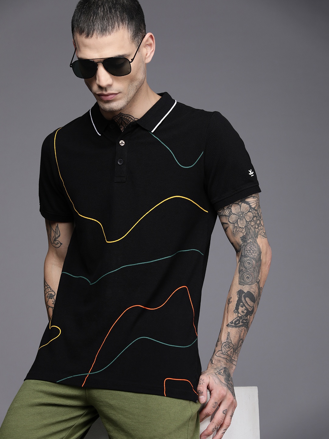 

WROGN Men Black Printed Slim Fit Pure Cotton Polo Collar T-shirt