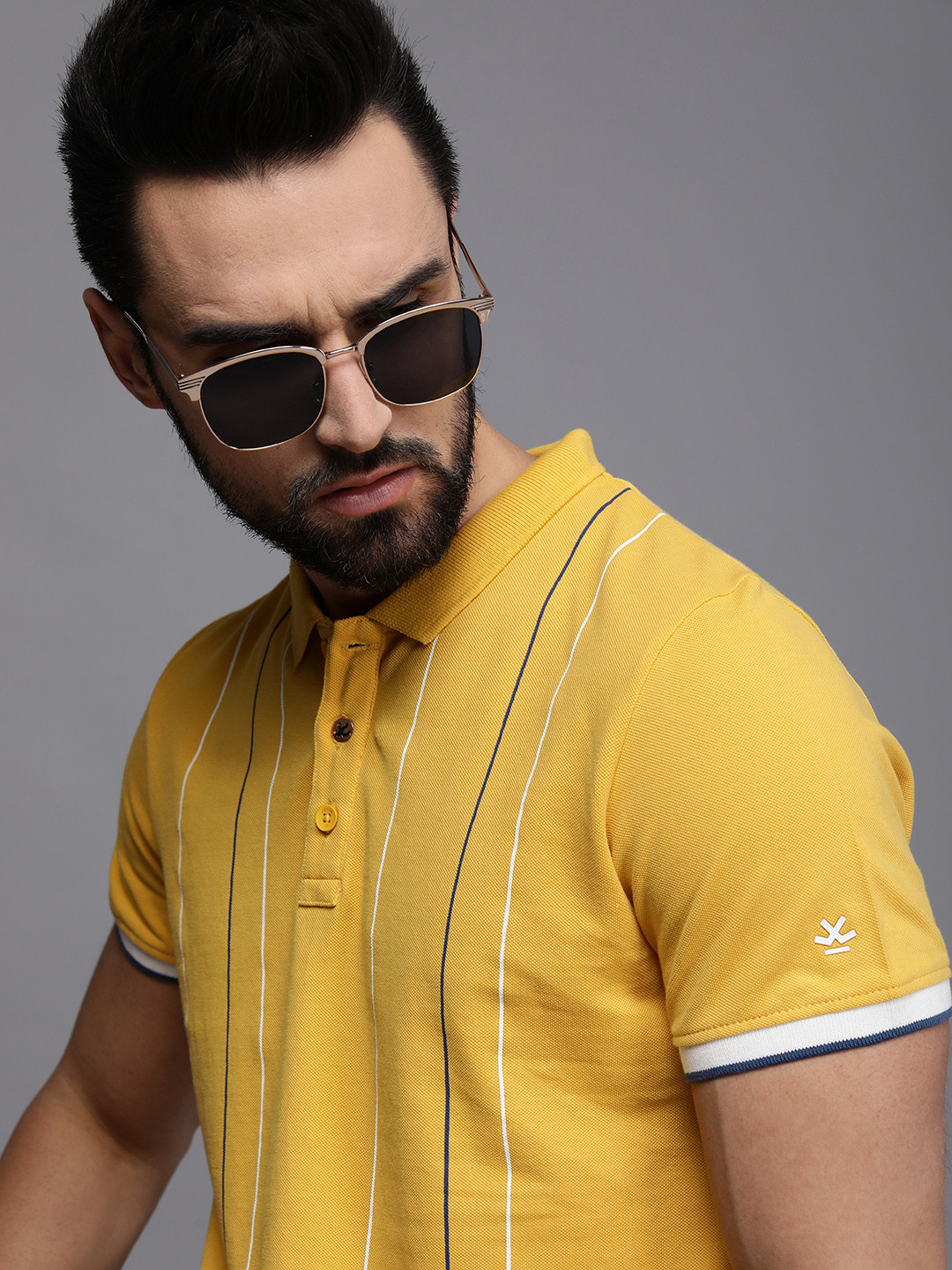 

WROGN Men Mustard Yellow & White Striped Polo Collar Slim Fit T-shirt