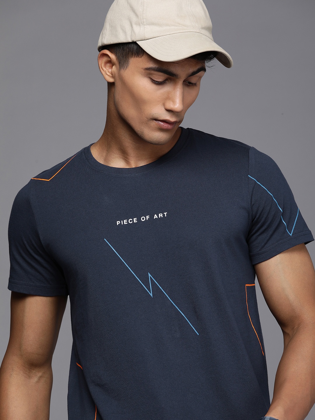 

WROGN Men Navy Blue Typography Printed Pure Cotton Slim Fit T-shirt