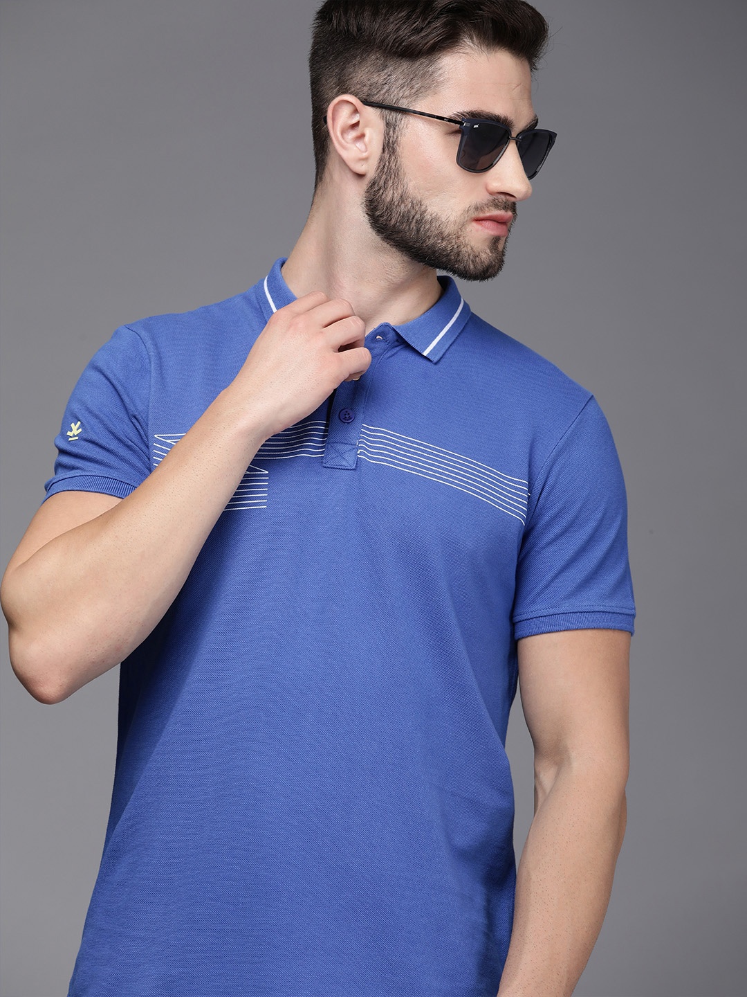 

WROGN Men Blue & White Striped Slim Fit Pure Cotton Polo Collar T-shirt